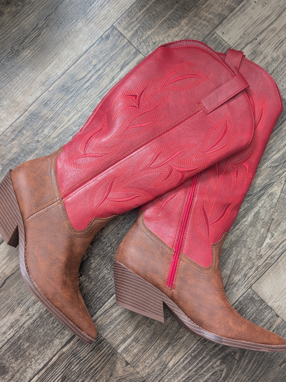 Women's Two-Tone Western Cowboy Boots - Red & Brown